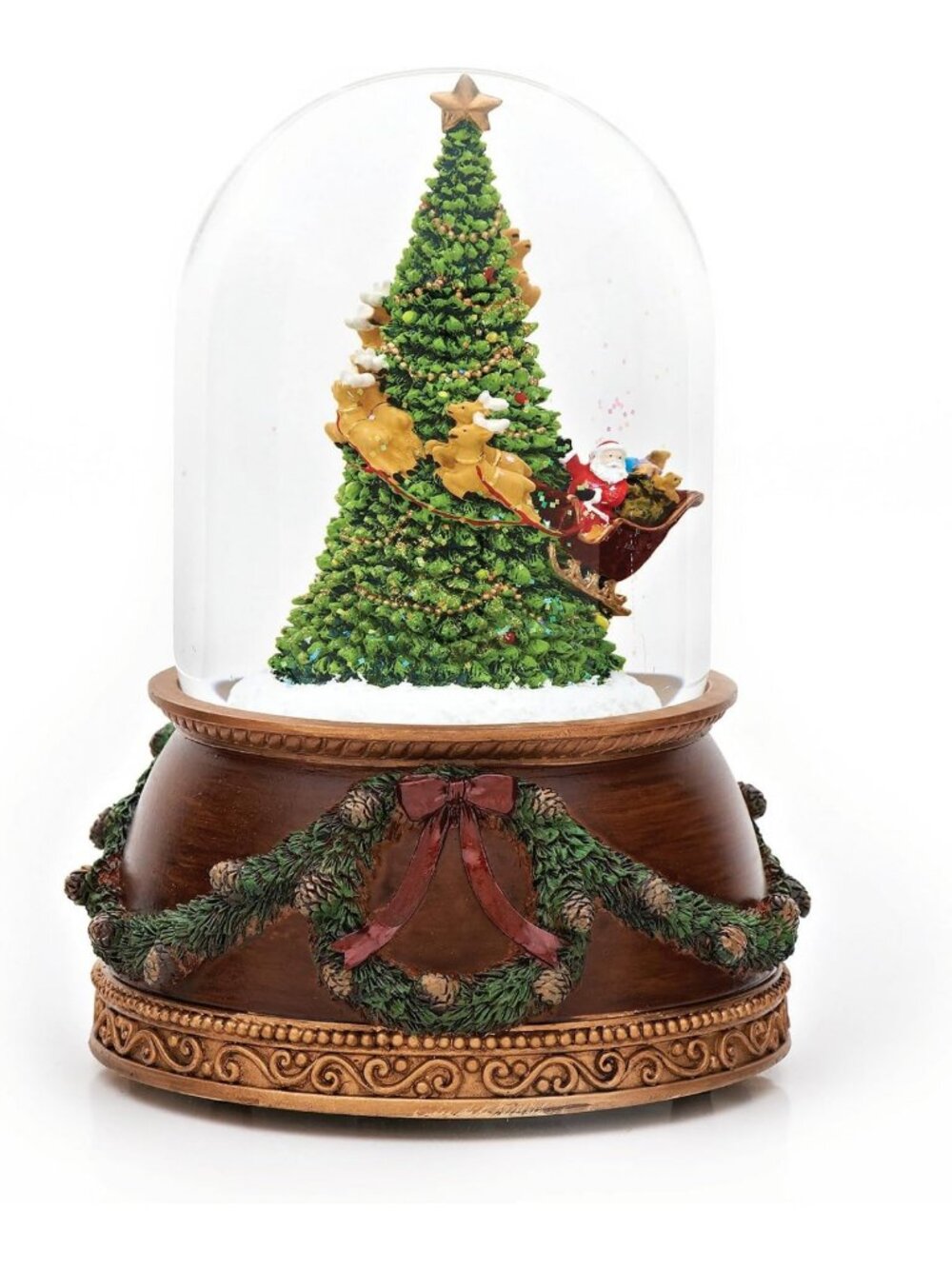 Christmas Tree Musical Snow Globe with Santa - Rotating Glitter Dome 7.75 Inch